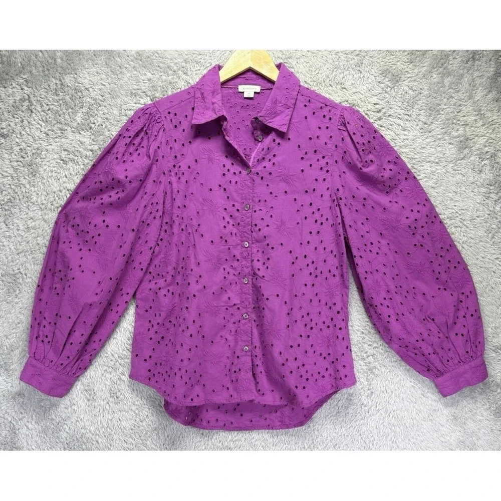 Sundance Purple Eyelet Floral Embroidery Puff Sleeve Button Down Shirt Camisole - Picture 7 of 15